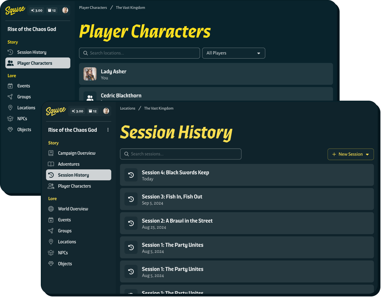 TTRPG player portal screens