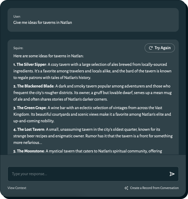 AI chat panel for ttrpg games